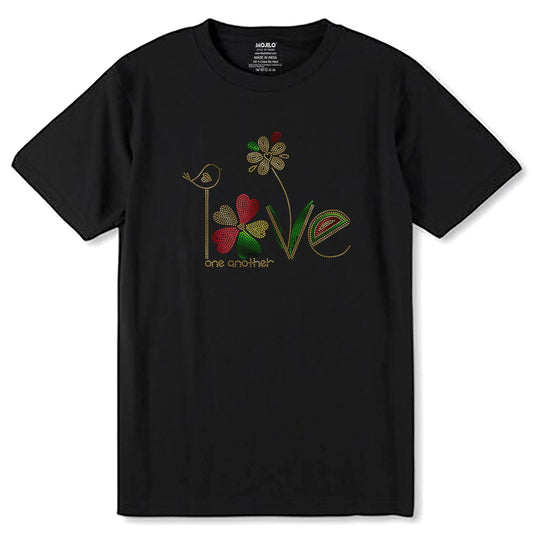GOLD-GREEN & RED SPANGLE LOVE one another - Unisex Round Neck Regular Fit 100% Combed Cotton Half Sleeve T-Shirt - Mojilo Mart
