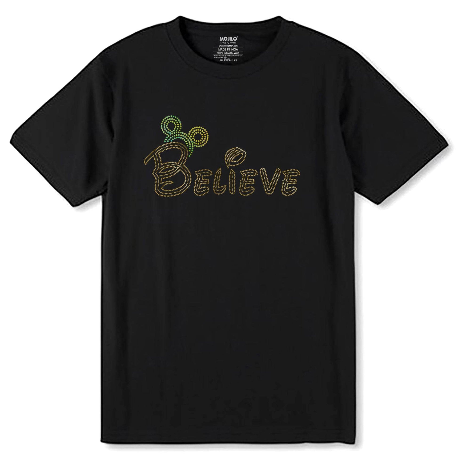 GOLD RAINBOW SPANGLE BELIEVE - Unisex Round Neck Regular Fit 100% Combed Cotton Half Sleeve T-Shirt - Mojilo Mart