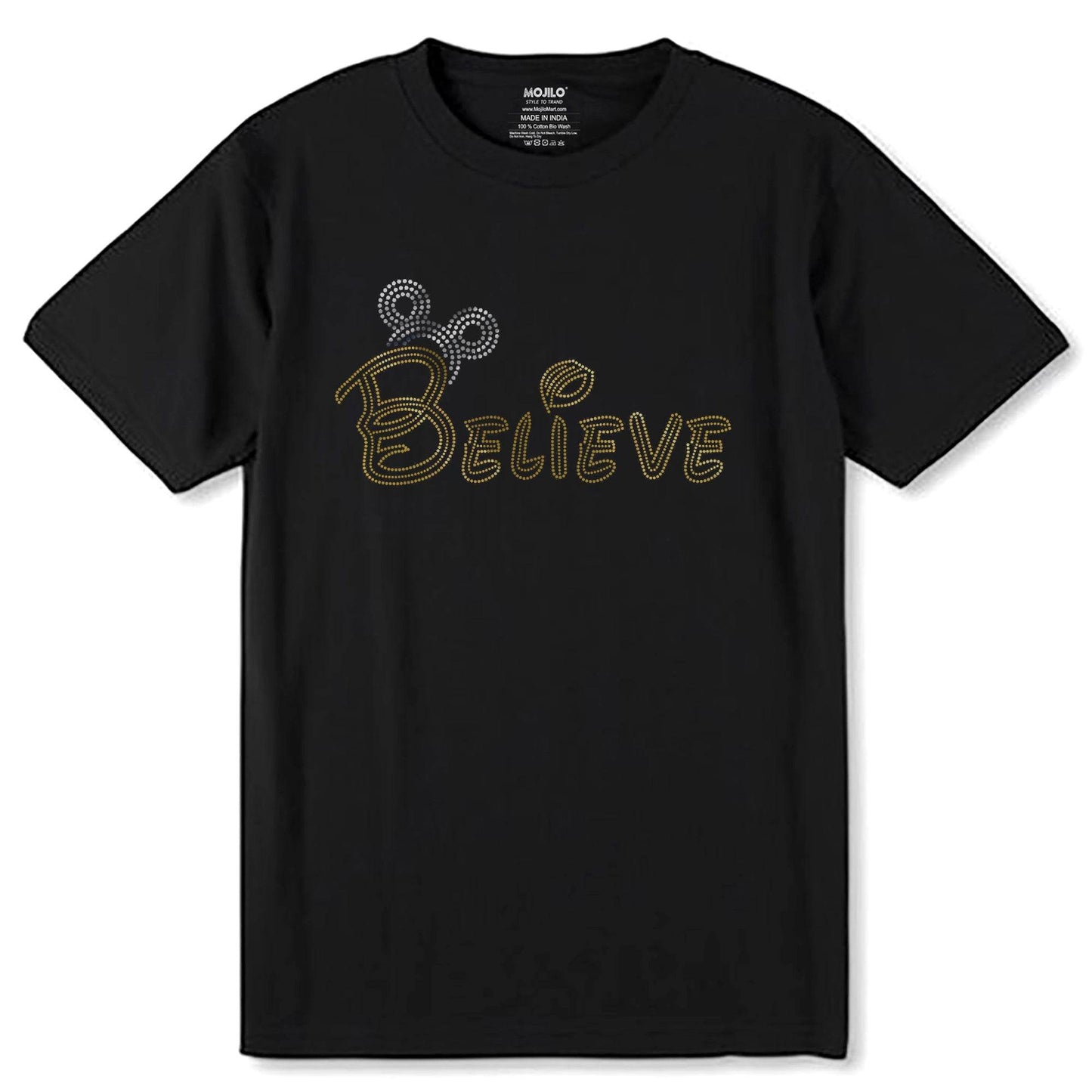 GOLD SILVER SPANGLE BELIEVE - Unisex Round Neck Regular Fit 100% Combed Cotton Half Sleeve T-Shirt - Mojilo Mart