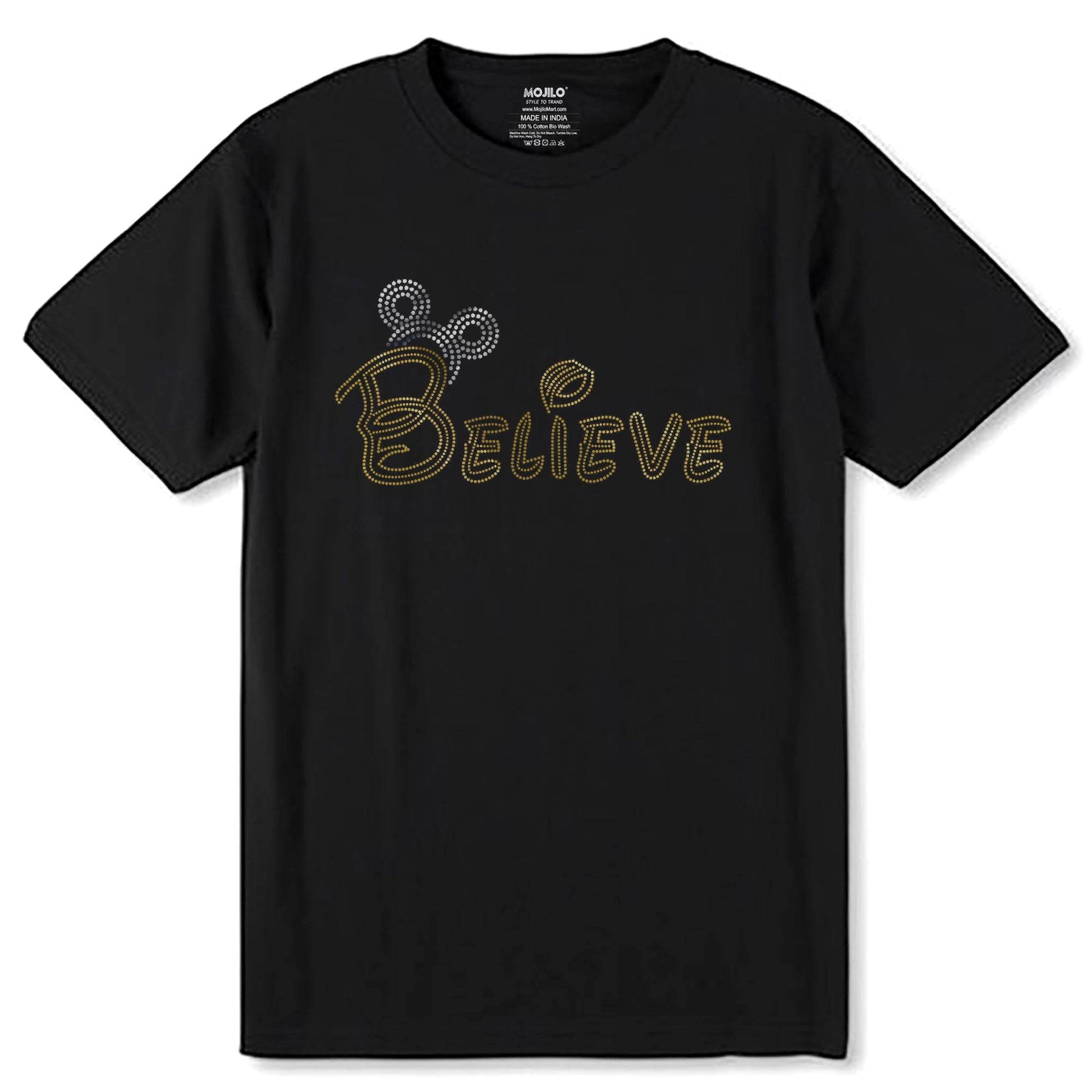 GOLD SILVER SPANGLE BELIEVE - Unisex Round Neck Regular Fit 100% Combed Cotton Half Sleeve T-Shirt - Mojilo Mart