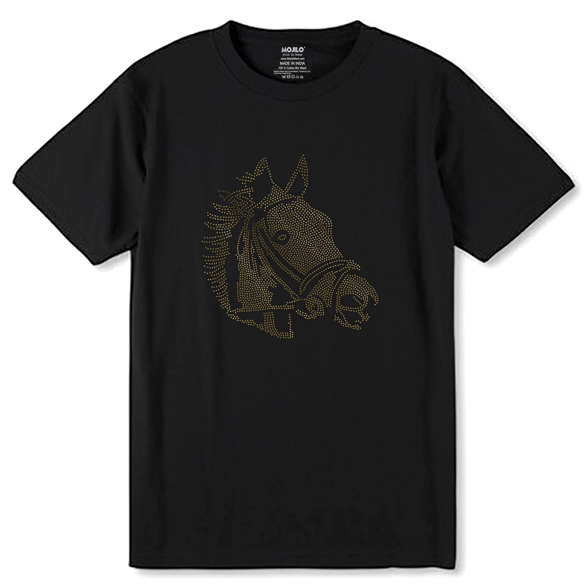GOLD SPANGLE HORSE - Unisex Round Neck Regular Fit 100% Combed Cotton Half Sleeve T-Shirt - Mojilo Mart