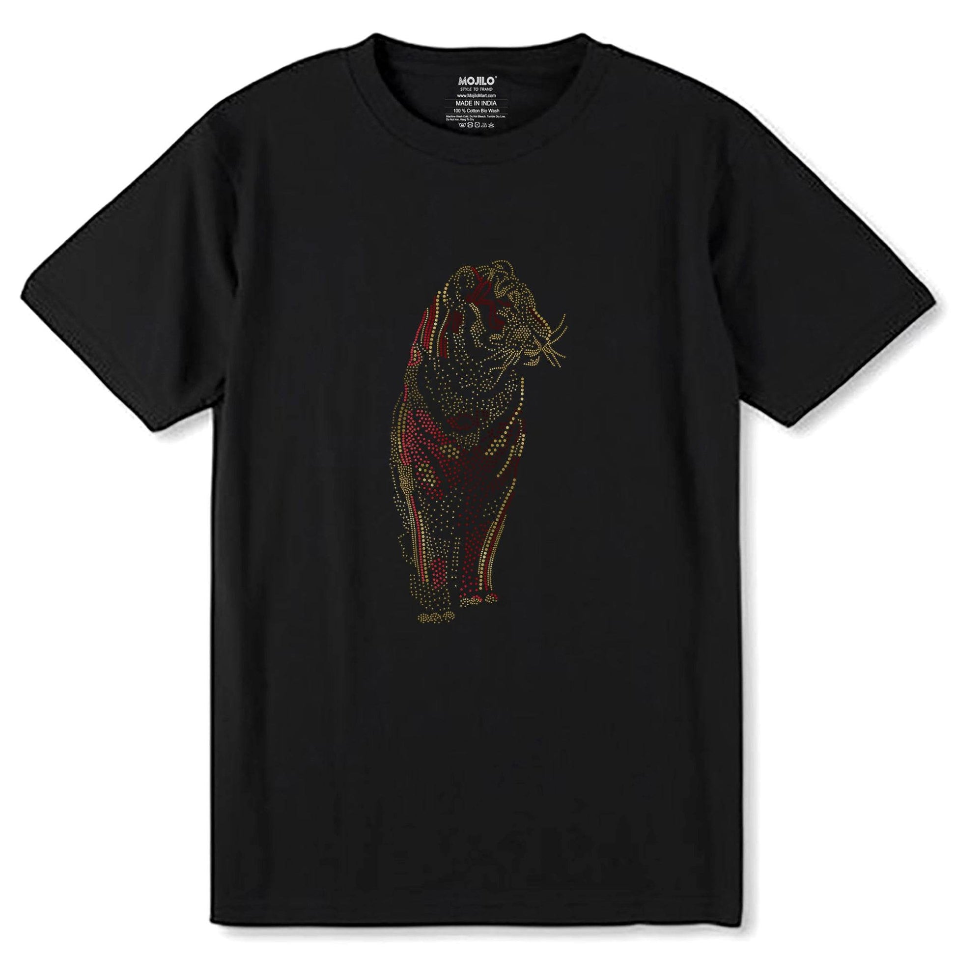 GOLD & RED SPANGLE ROYAL Bengal Tiger - Unisex Round Neck Regular Fit 100% Combed Cotton Half Sleeve T-Shirt - Mojilo Mart