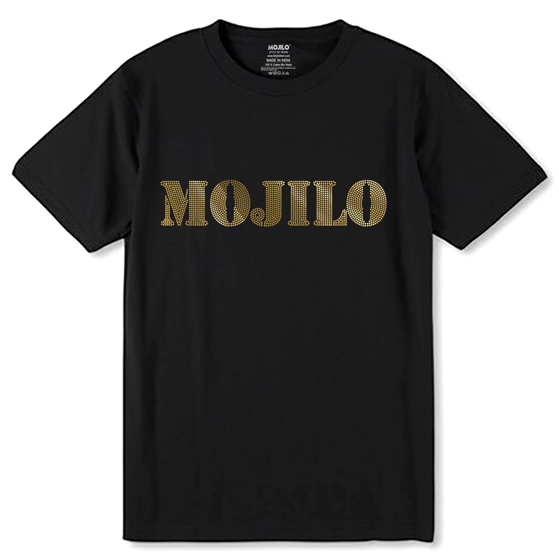 MOJILO SPANGLE WRITING DOTT GOLD - Unisex Round Neck Regular Fit 100% Combed Cotton Half Sleeve T-Shirt - Mojilo Mart