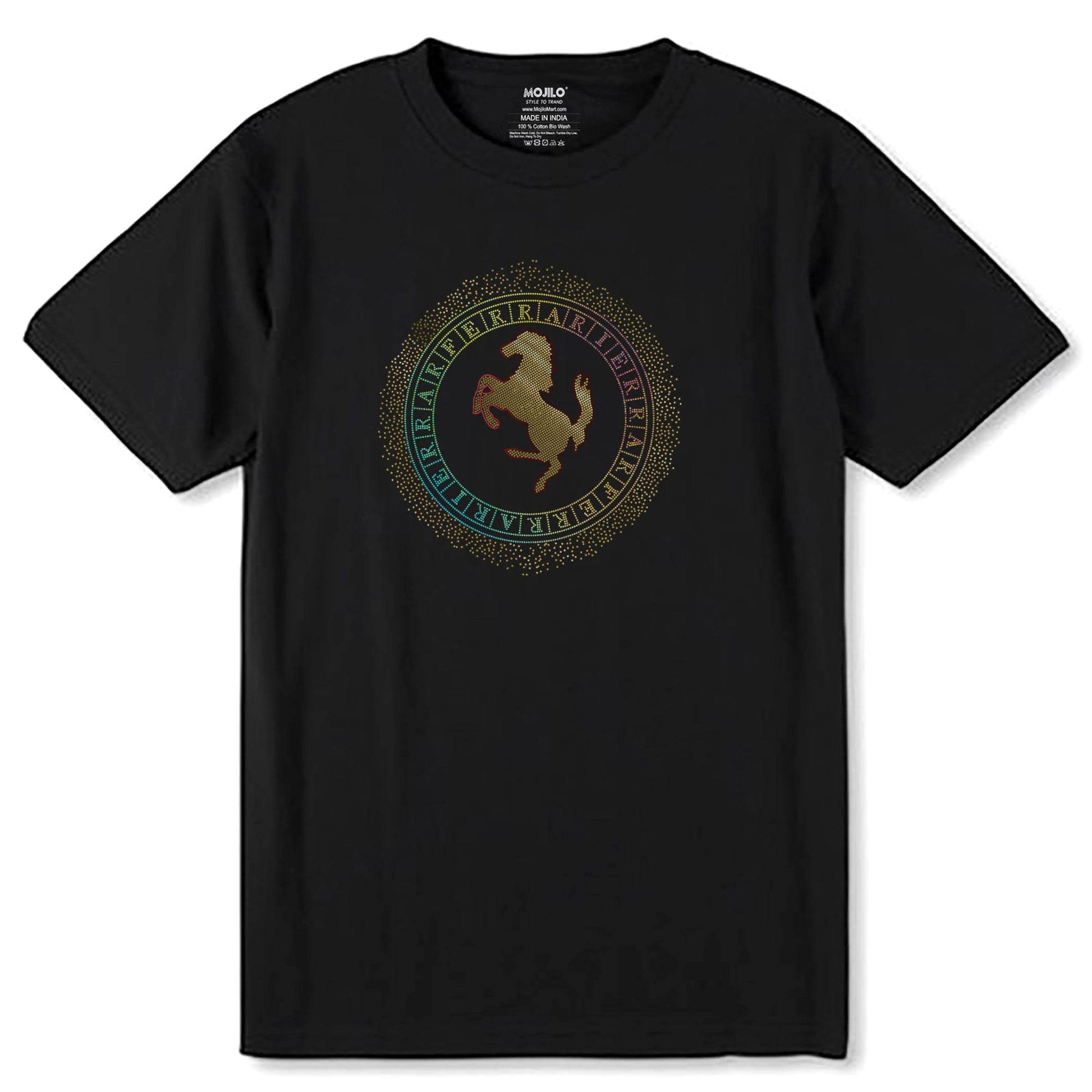 RAINBOW & GOLD SPANGLE FERRARI HOURS - Unisex Round Neck Regular Fit 100% Combed Cotton Half Sleeve T-Shirt - Mojilo Mart