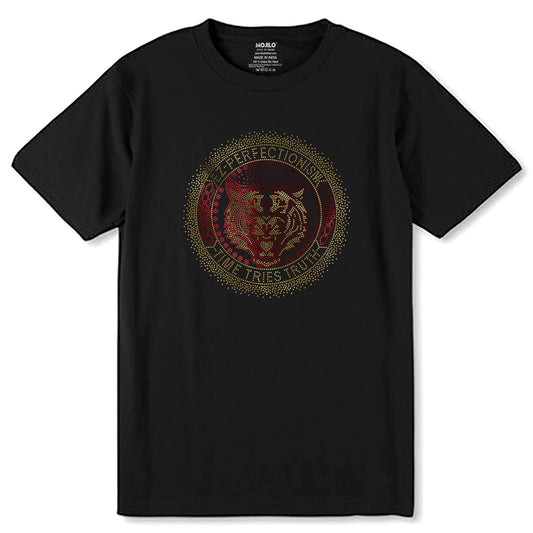 RED & GOLD SPANGLE TIGER EZ-PERFECTIONISM -TIME TRIES TRUTH - Unisex Round Neck Regular Fit 100% Combed Cotton Half Sleeve T-Shirt - Mojilo Mart