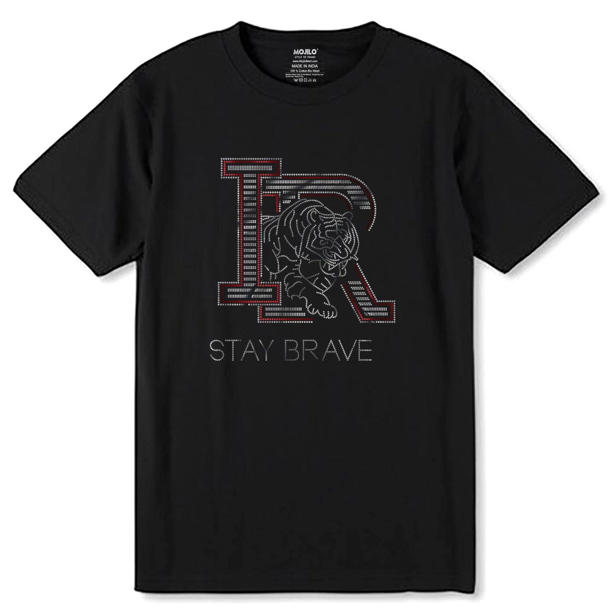 RED & SILVER SPANGLE IR STAY BRAVE - Unisex Round Neck Regular Fit 100% Combed Cotton Half Sleeve T-Shirt - Mojilo Mart