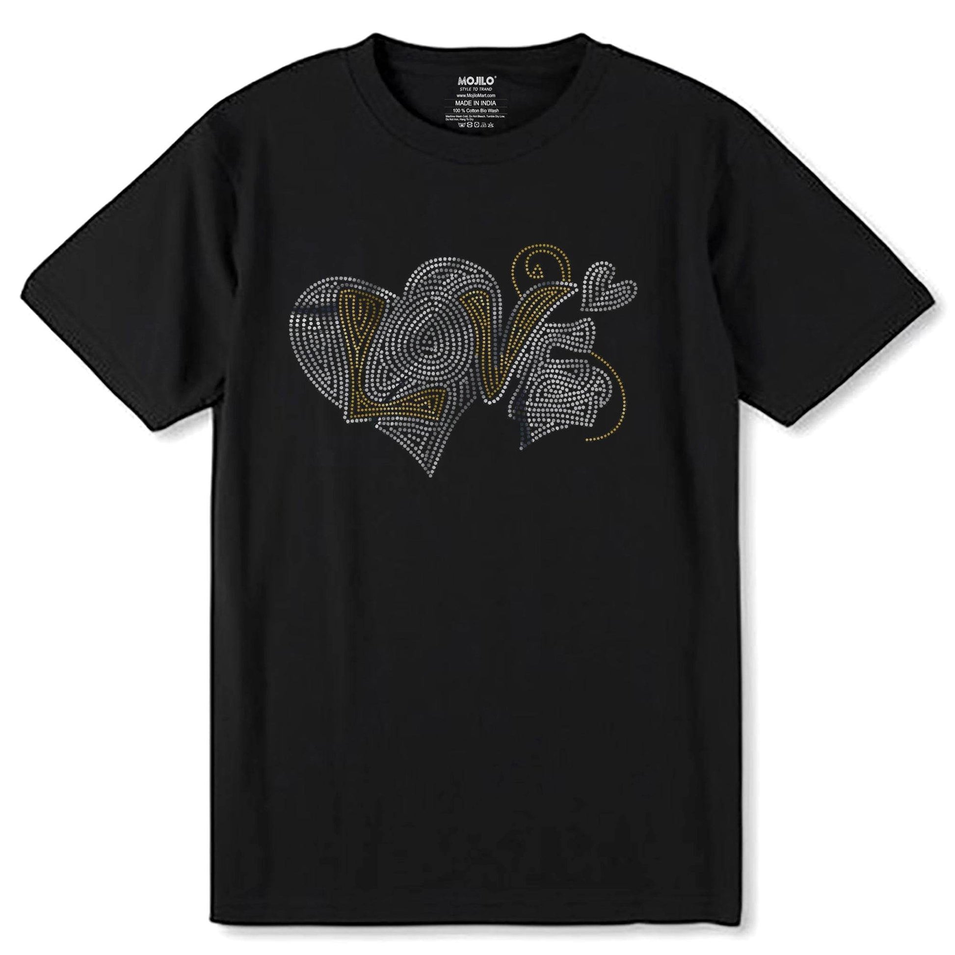 SILVER & GOLD SPANGLE LOVE IN HEART - Unisex Round Neck Regular Fit 100% Combed Cotton Half Sleeve T-Shirt - Mojilo Mart
