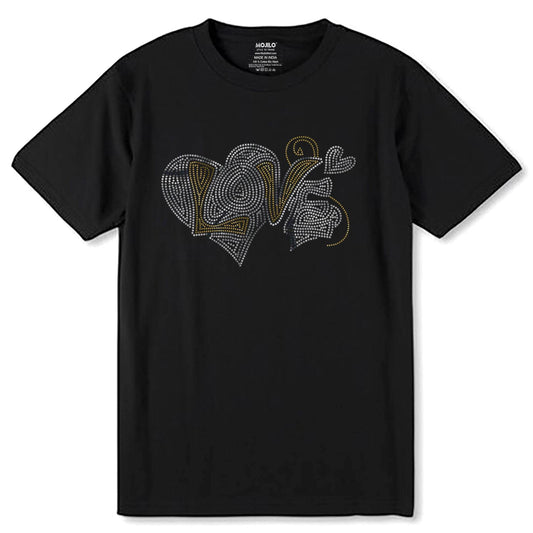 SILVER & GOLD SPANGLE LOVE IN HEART - Unisex Round Neck Regular Fit 100% Combed Cotton Half Sleeve T-Shirt - Mojilo Mart