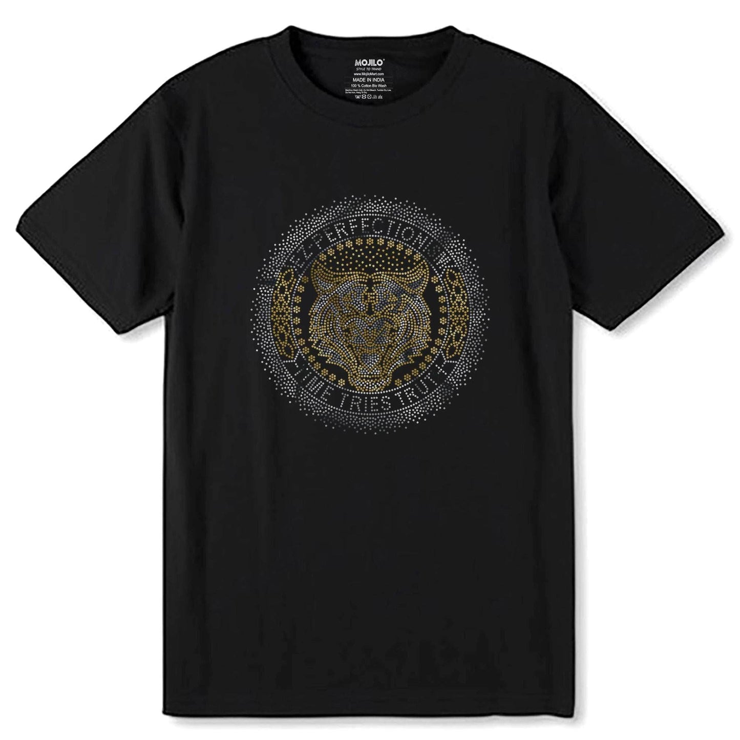SILVER & GOLD SPANGLE TIGER EZ-PERFECTIONISM -TIME TRIES TRUTH - Unisex Round Neck Regular Fit 100% Combed Cotton Half Sleeve T-Shirt - Mojilo Mart