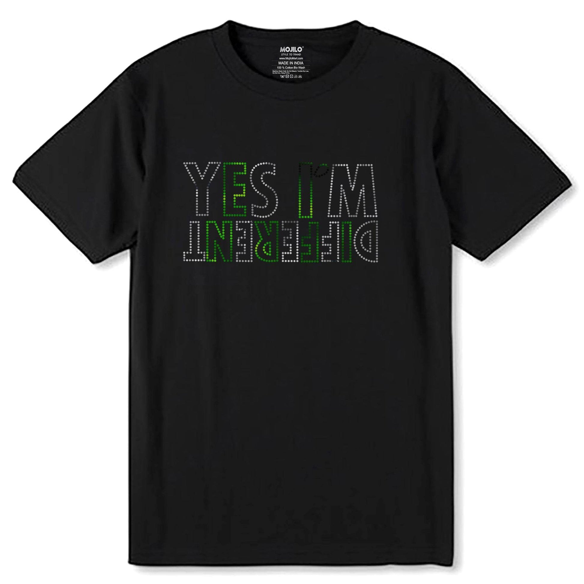 SILVER & GREEN SPANGLE YES I'M DFERENT - Unisex Round Neck Regular Fit 100% Combed Cotton Half Sleeve T-Shirt - Mojilo Mart