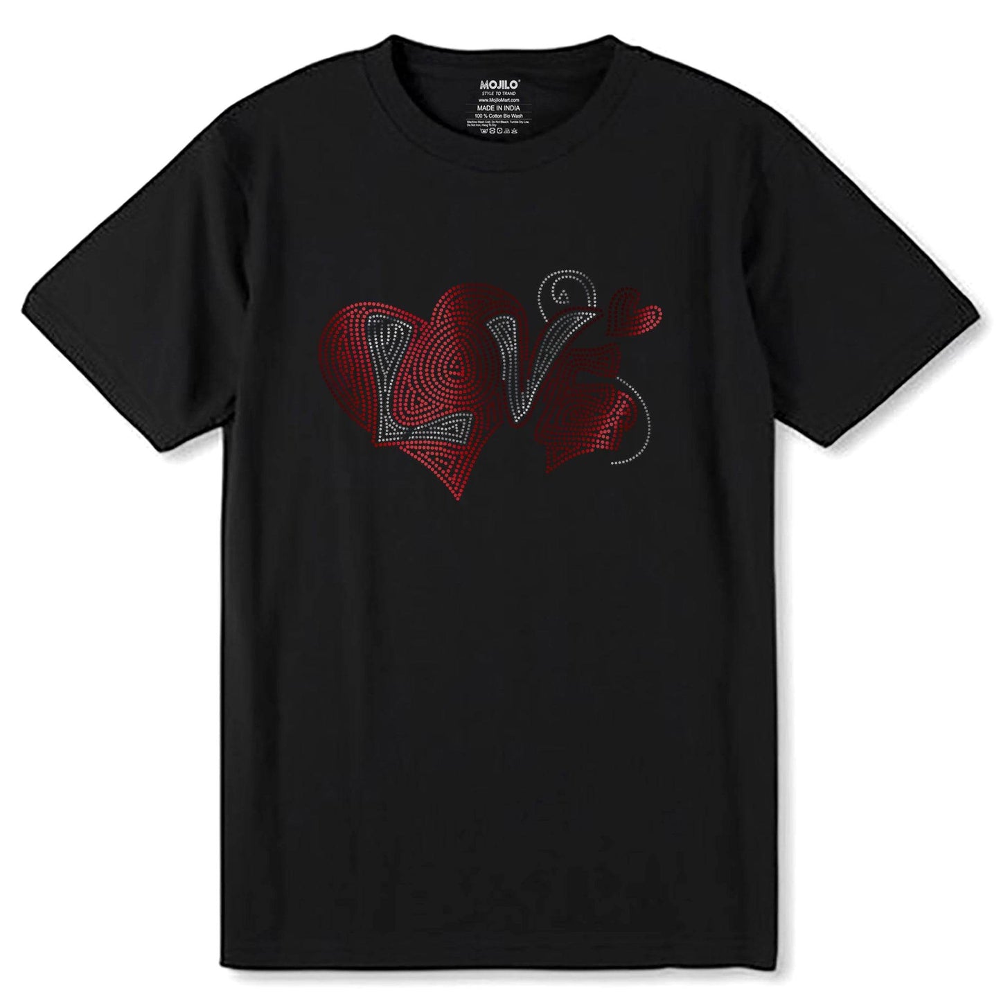 SILVER & RED SPANGLE LOVE IN HEART - Unisex Round Neck Regular Fit 100% Combed Cotton Half Sleeve T-Shirt - Mojilo Mart