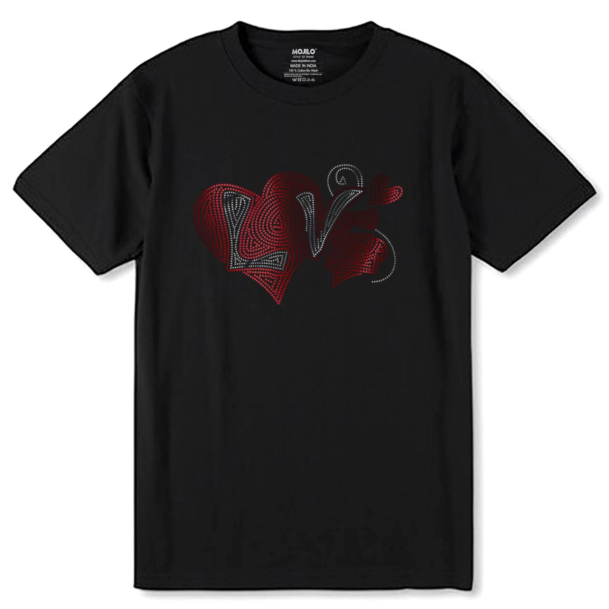 SILVER & RED SPANGLE LOVE IN HEART - Unisex Round Neck Regular Fit 100% Combed Cotton Half Sleeve T-Shirt - Mojilo Mart