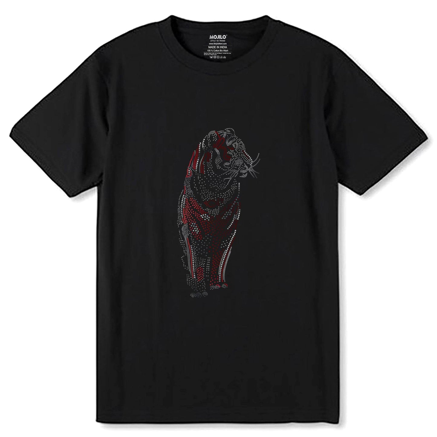 SILVER & RED SPANGLE ROYAL Bengal Tiger - Unisex Round Neck Regular Fit 100% Combed Cotton Half Sleeve T-Shirt - Mojilo Mart