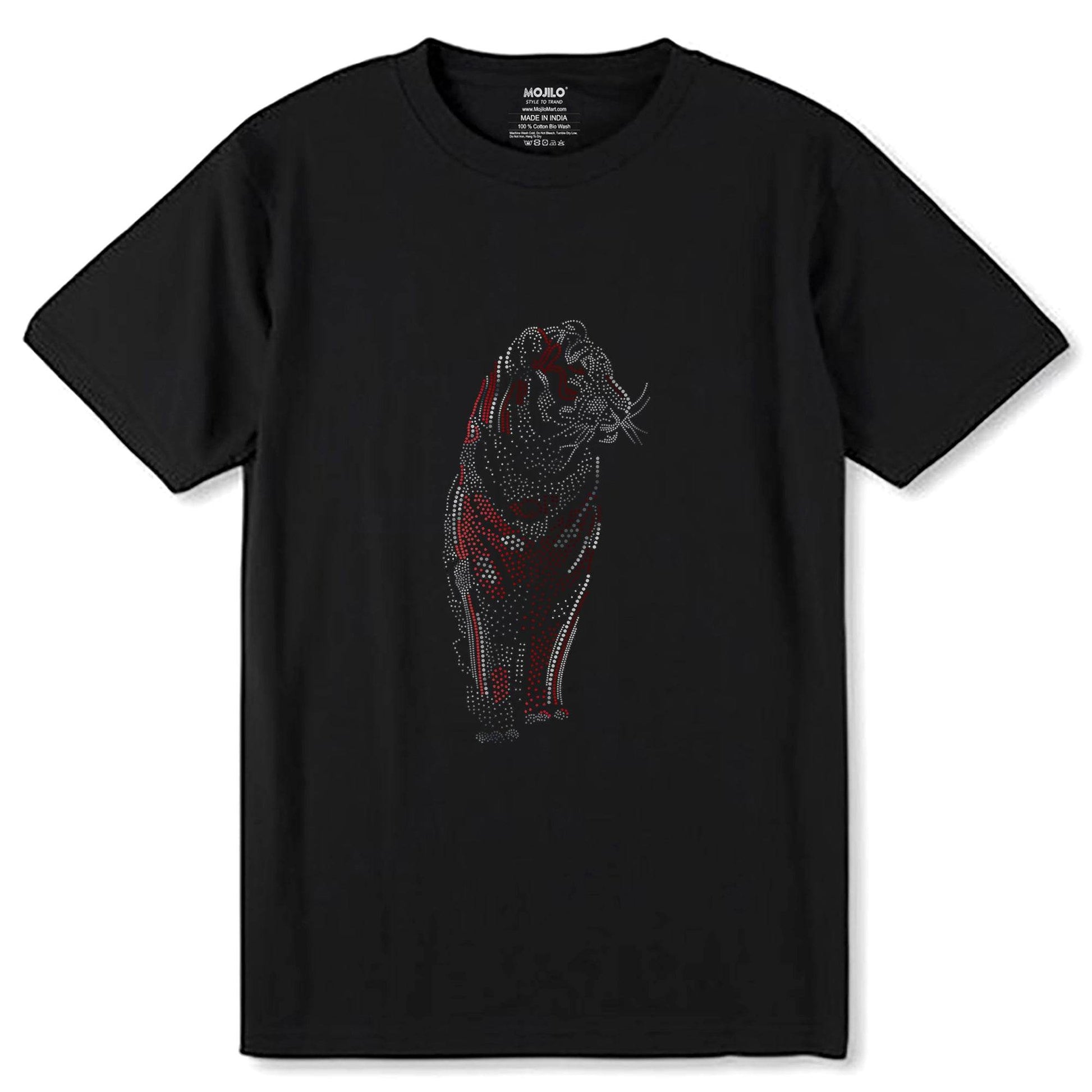 SILVER & RED SPANGLE ROYAL Bengal Tiger - Unisex Round Neck Regular Fit 100% Combed Cotton Half Sleeve T-Shirt - Mojilo Mart