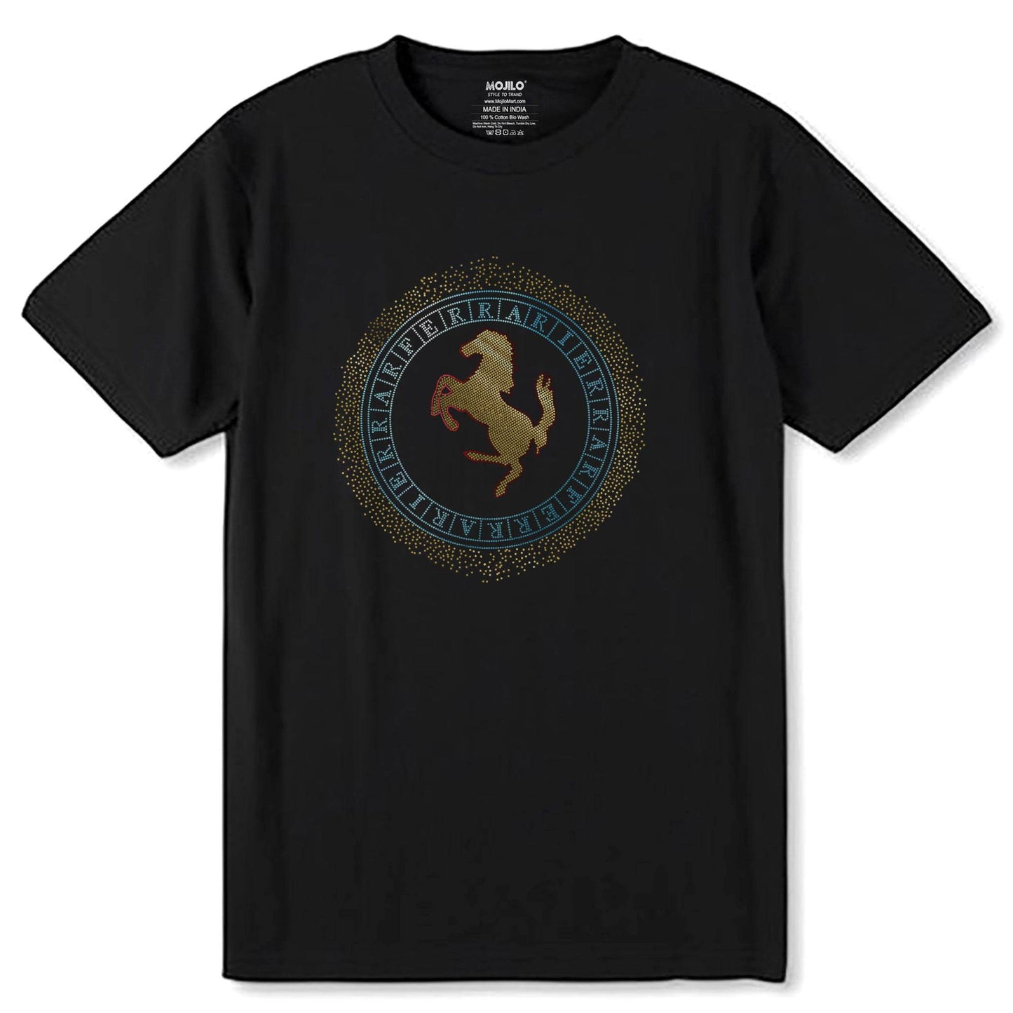 SKYBLUE & GOLD SPANGLE FERRARI HOURS - Unisex Round Neck Regular Fit 100% Combed Cotton Half Sleeve T-Shirt - Mojilo Mart