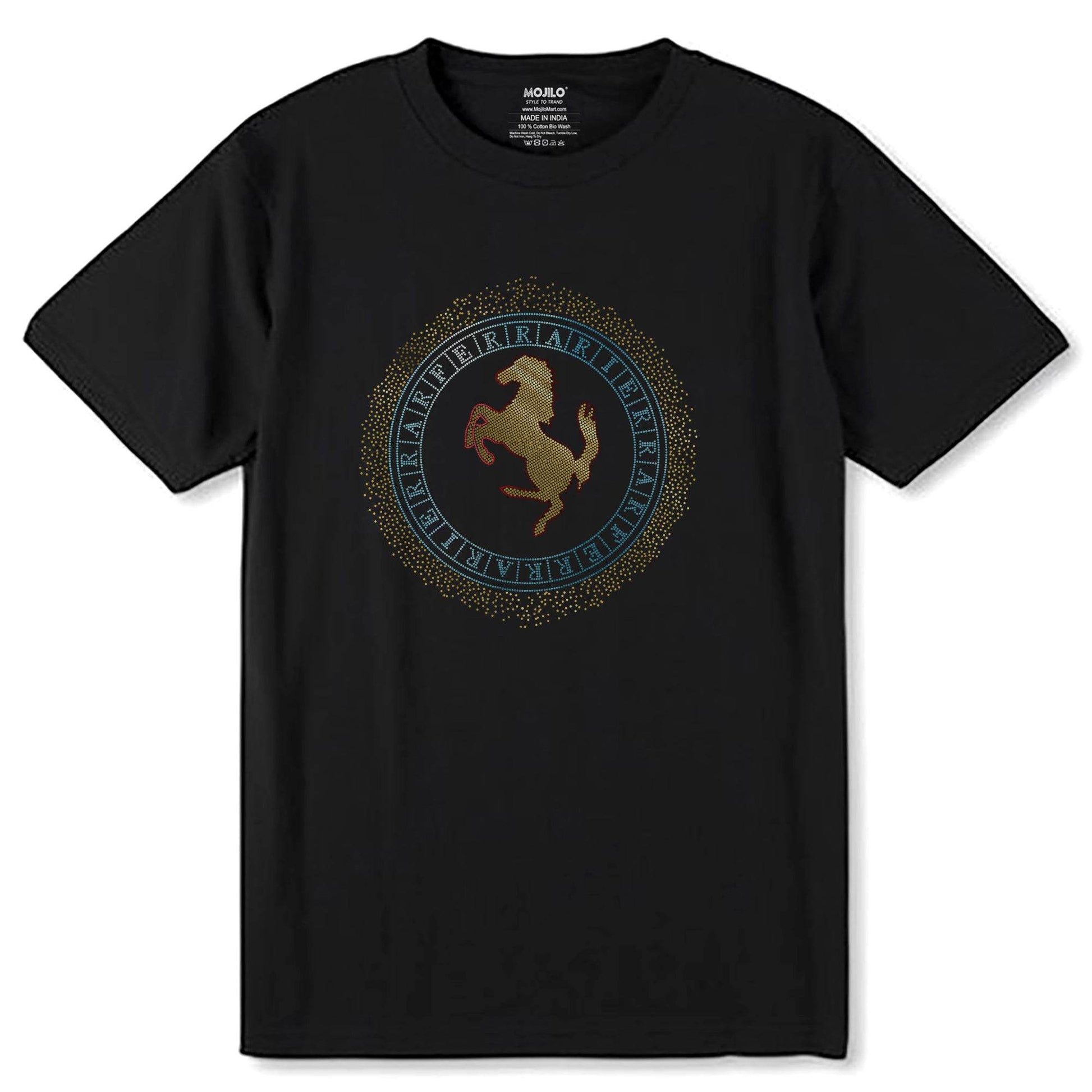 SKYBLUE & GOLD SPANGLE FERRARI HOURS - Unisex Round Neck Regular Fit 100% Combed Cotton Half Sleeve T-Shirt - Mojilo Mart