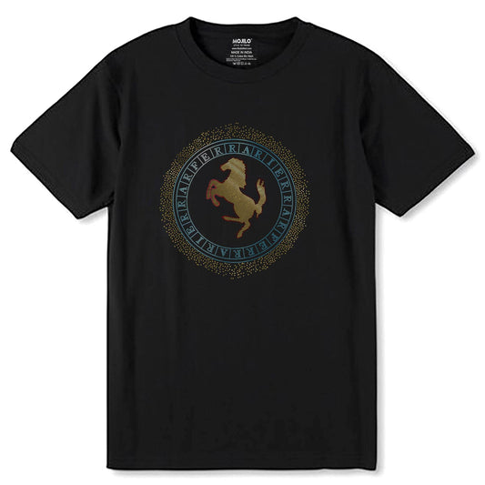SKYBLUE & GOLD SPANGLE FERRARI HOURS - Unisex Round Neck Regular Fit 100% Combed Cotton Half Sleeve T-Shirt - Mojilo Mart
