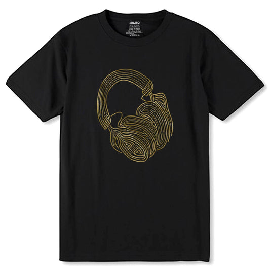 SPANGLE GOLD HEADPHONE - Unisex Round Neck Regular Fit 100% Combed Cotton Half Sleeve T-Shirt - Mojilo Mart