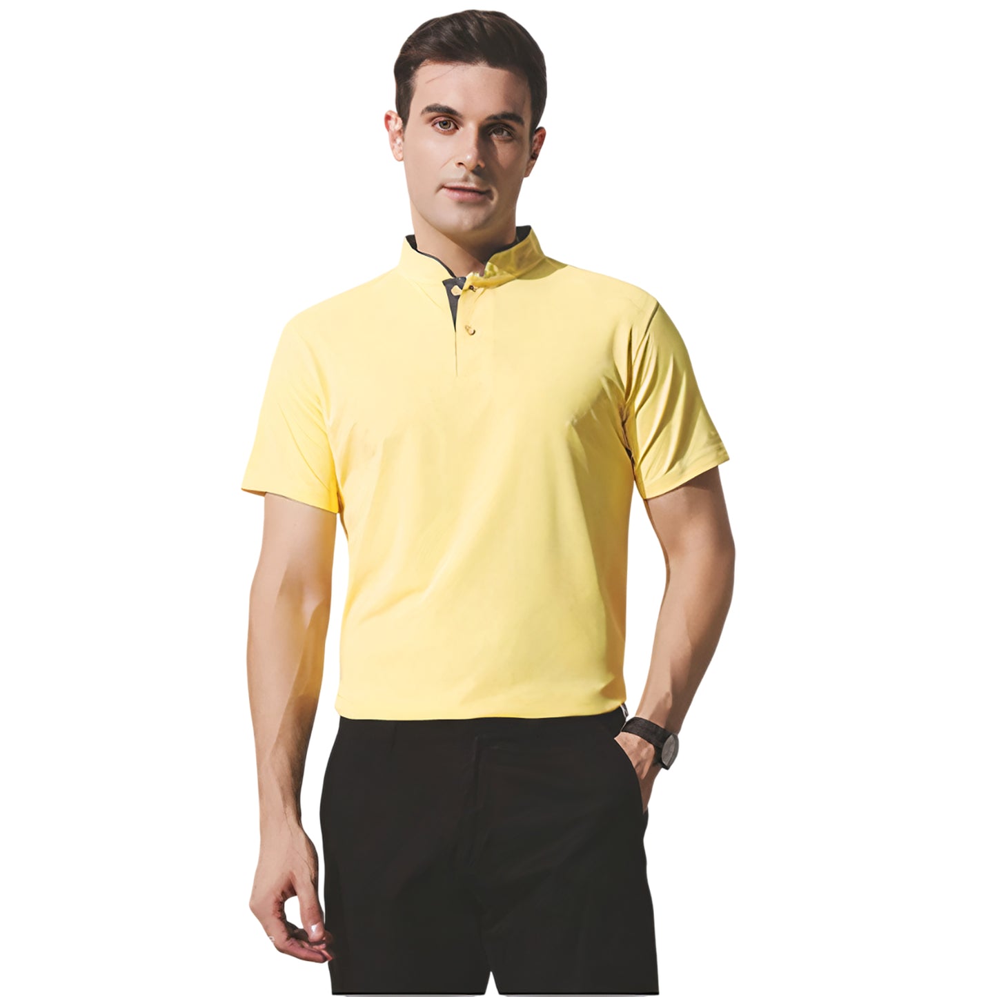 Chinese Collar Polyester FD Matty T-Shirt with DTF Printing, GSM 220 custom T-shirt With Logo Printing