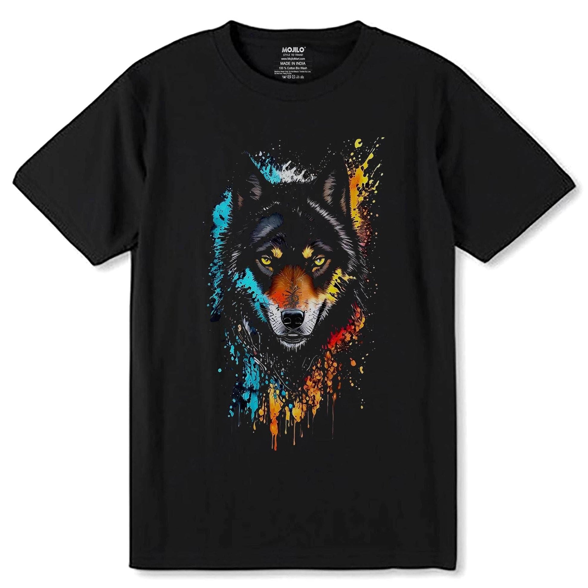 A Close up of a wolf with bright eyes and blood dripping down - Unisex Round Neck Regular Fit 100% Combed Cotton Half Sleeve T-Shirt - Mojilo Mart