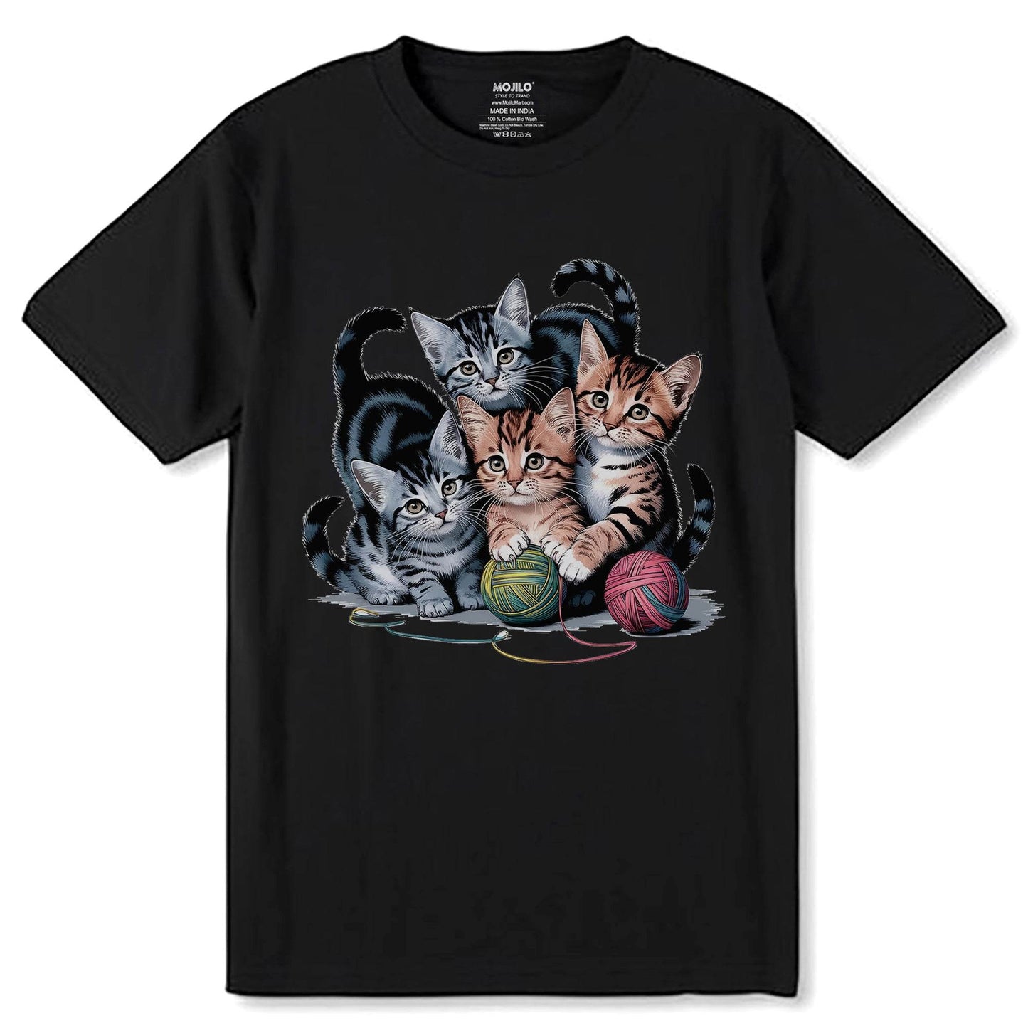 A Group Of Kittens Playing Chase With A Ball Of Thread - Unisex Round Neck Regular Fit 100% Combed Cotton Half Sleeve T-Shirt - Mojilo Mart
