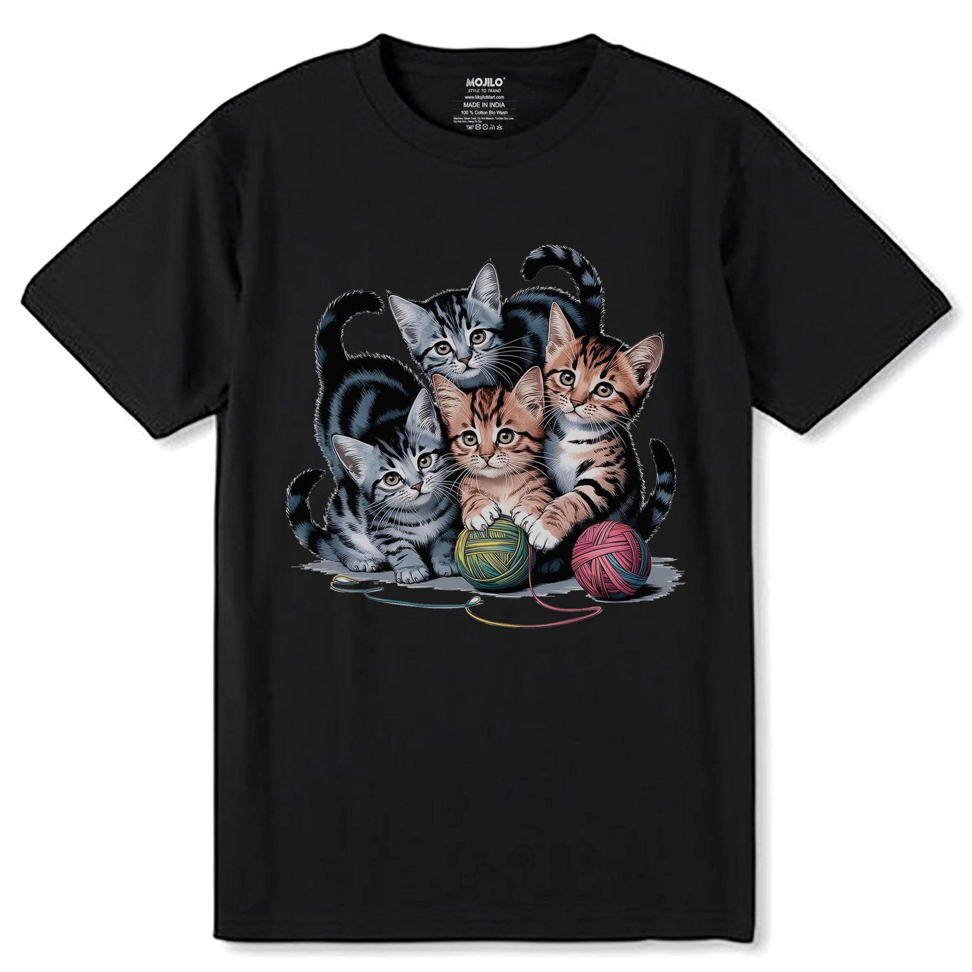 A Group Of Kittens Playing Chase With A Ball Of Thread - Unisex Round Neck Regular Fit 100% Combed Cotton Half Sleeve T-Shirt - Mojilo Mart