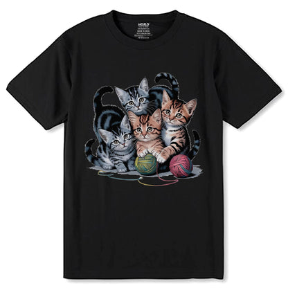 A Group Of Kittens Playing Chase With A Ball Of Thread - Unisex Round Neck Regular Fit 100% Combed Cotton Half Sleeve T-Shirt - Mojilo Mart