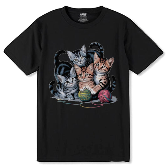 A Group Of Kittens Playing Chase With A Ball Of Thread - Unisex Round Neck Regular Fit 100% Combed Cotton Half Sleeve T-Shirt - Mojilo Mart