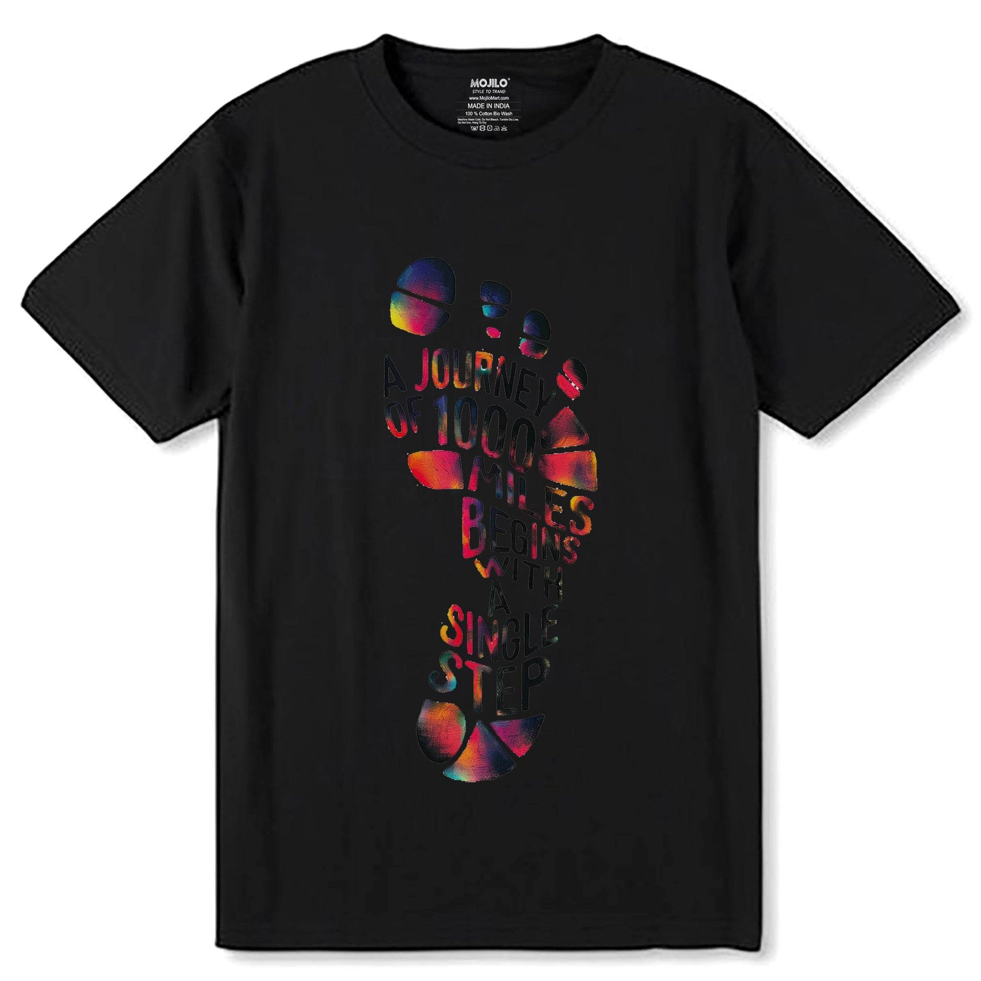 A JOURNEY OF 1000 MILES BEGINS WITH SIMPLE STEP - Unisex Round Neck Regular Fit 100% Combed Cotton Half Sleeve T-Shirt - Mojilo Mart