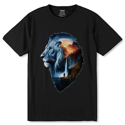 A Lion with a sunset on it - Unisex Round Neck Regular Fit 100% Combed Cotton Half Sleeve T-Shirt - Mojilo Mart