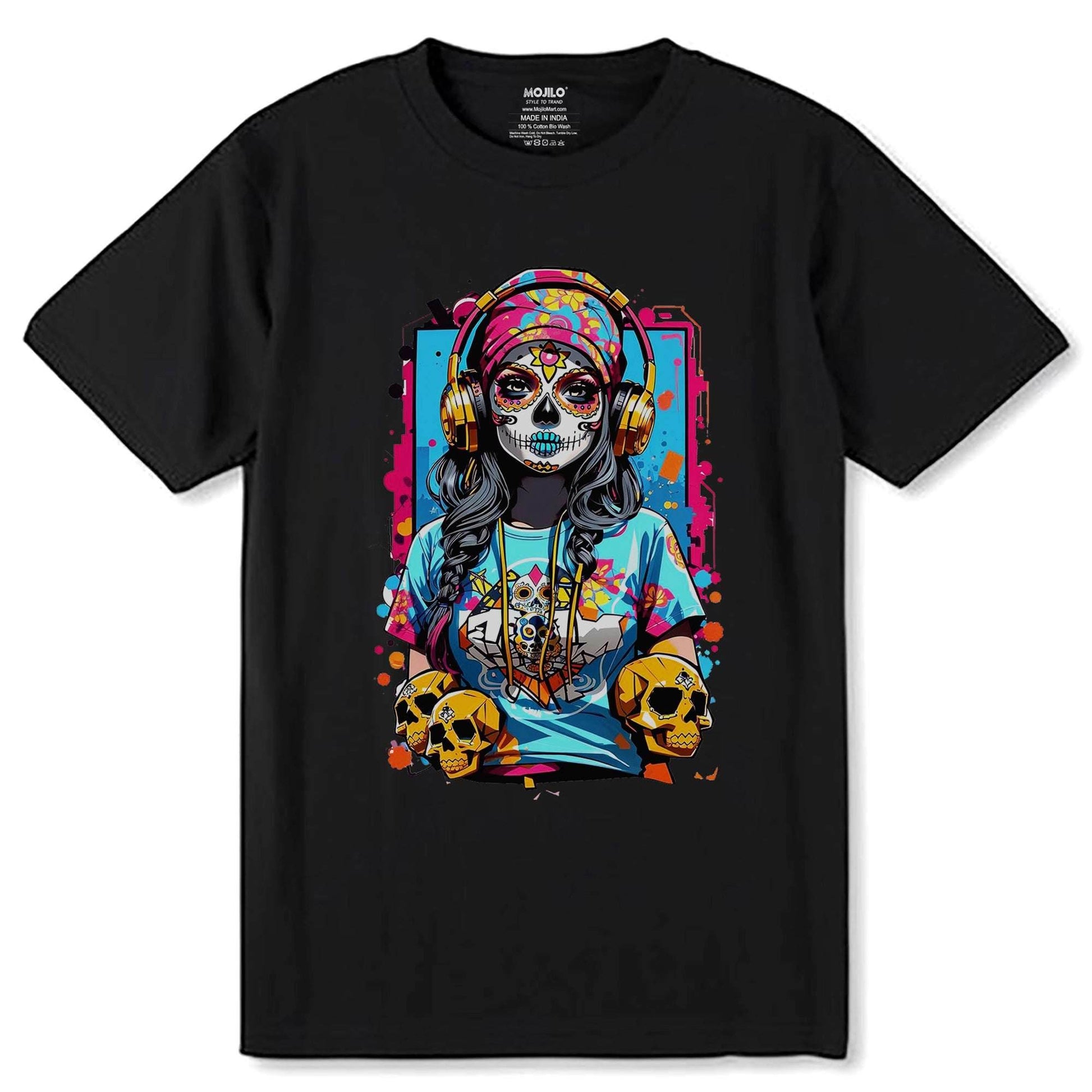 A sugar skull girl figure - Unisex Round Neck Regular Fit 100% Combed Cotton Half Sleeve T-Shirt - Mojilo Mart