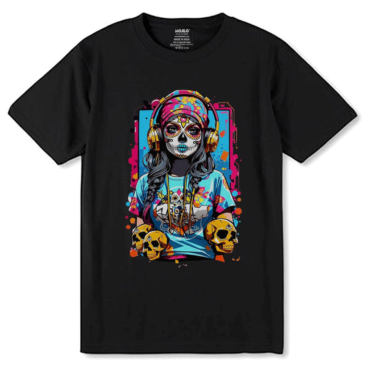 A sugar skull girl figure - Unisex Round Neck Regular Fit 100% Combed Cotton Half Sleeve T-Shirt - Mojilo Mart
