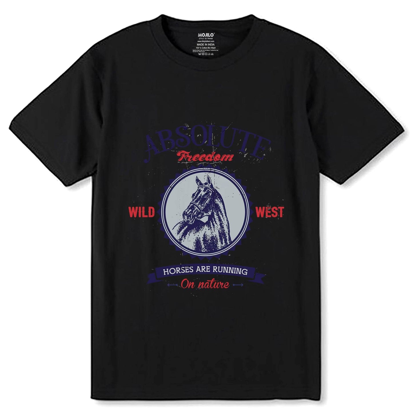 Absolute Freedom Horses Wild West - Unisex Round Neck Regular Fit 100% Combed Cotton Half Sleeve T-Shirt - Mojilo Mart