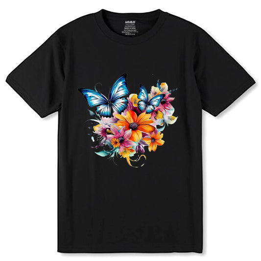 Aesthetic Flowers And Butterflies - Unisex Round Neck Regular Fit 100% Combed Cotton Half Sleeve T-Shirt - Mojilo Mart
