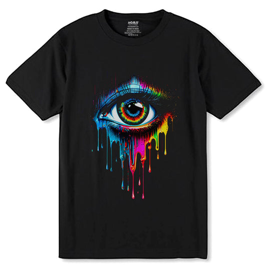 Aesthetic abstract eye with colourful drip effect - Unisex Round Neck Regular Fit 100% Combed Cotton Half Sleeve T-Shirt - Mojilo Mart