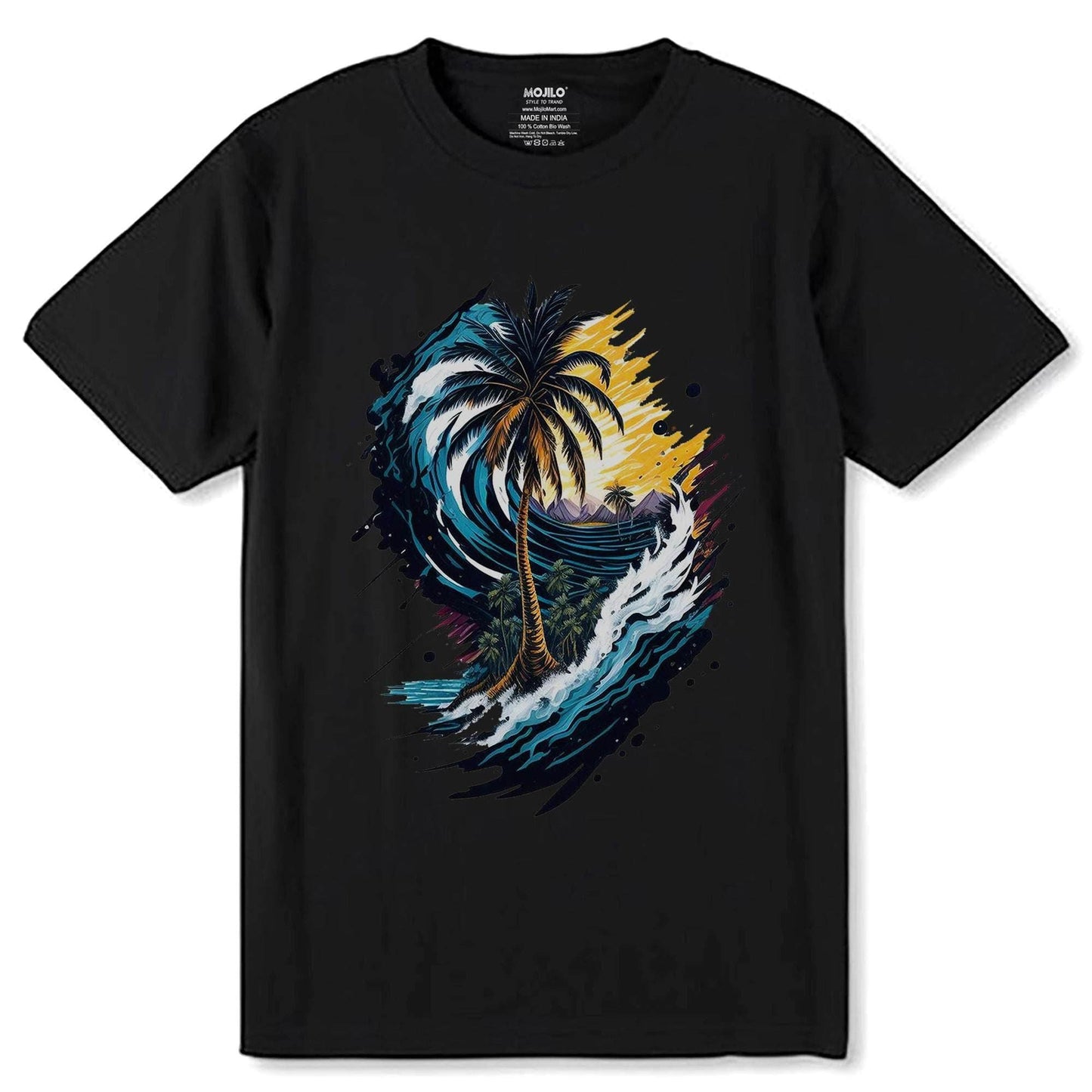 Artistic Palm Tree And Mountain - Unisex Round Neck Regular Fit 100% Combed Cotton Half Sleeve T-Shirt - Mojilo Mart