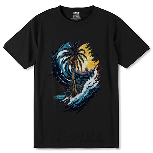 Artistic Palm Tree And Mountain - Unisex Round Neck Regular Fit 100% Combed Cotton Half Sleeve T-Shirt - Mojilo Mart