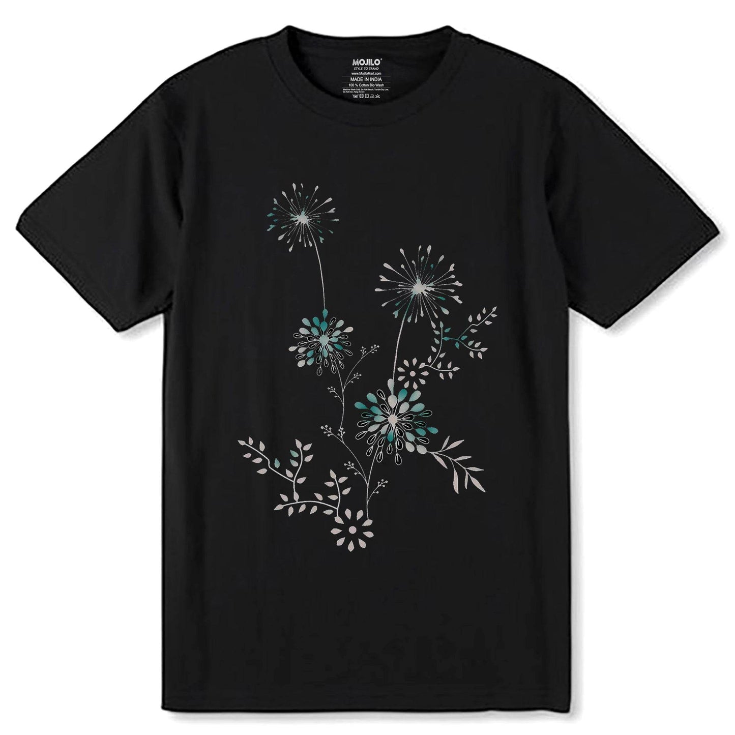 Beautiful flowers cute black with flower - Unisex Round Neck Regular Fit 100% Combed Cotton Half Sleeve T-Shirt - Mojilo Mart