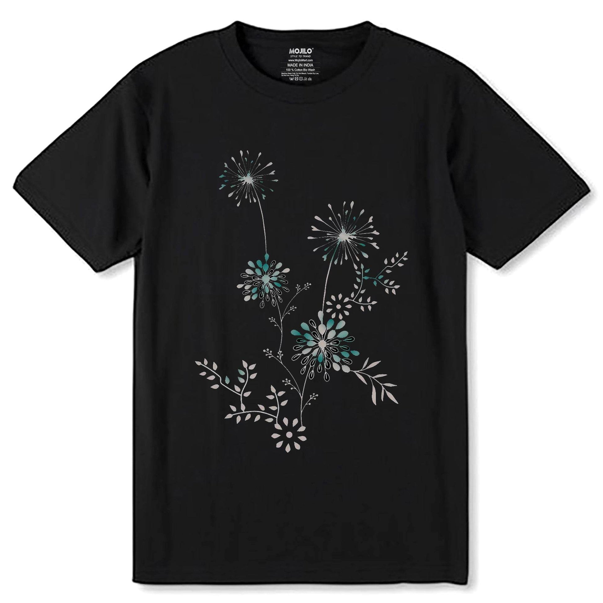 Beautiful flowers cute black with flower - Unisex Round Neck Regular Fit 100% Combed Cotton Half Sleeve T-Shirt - Mojilo Mart