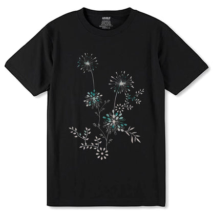 Beautiful flowers cute black with flower - Unisex Round Neck Regular Fit 100% Combed Cotton Half Sleeve T-Shirt - Mojilo Mart
