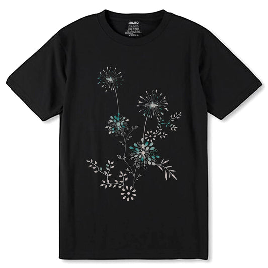 Beautiful flowers cute black with flower - Unisex Round Neck Regular Fit 100% Combed Cotton Half Sleeve T-Shirt - Mojilo Mart