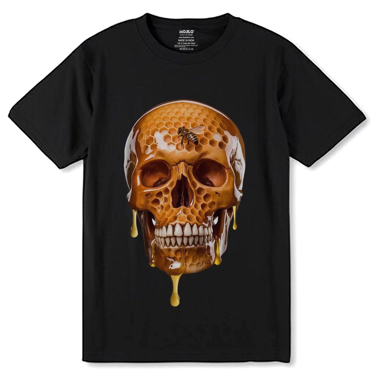 Bee Life Skull Honeycomb Haven Bumblebee Bees Lover - Unisex Round Neck Regular Fit 100% Combed Cotton Half Sleeve T-Shirt - Mojilo Mart