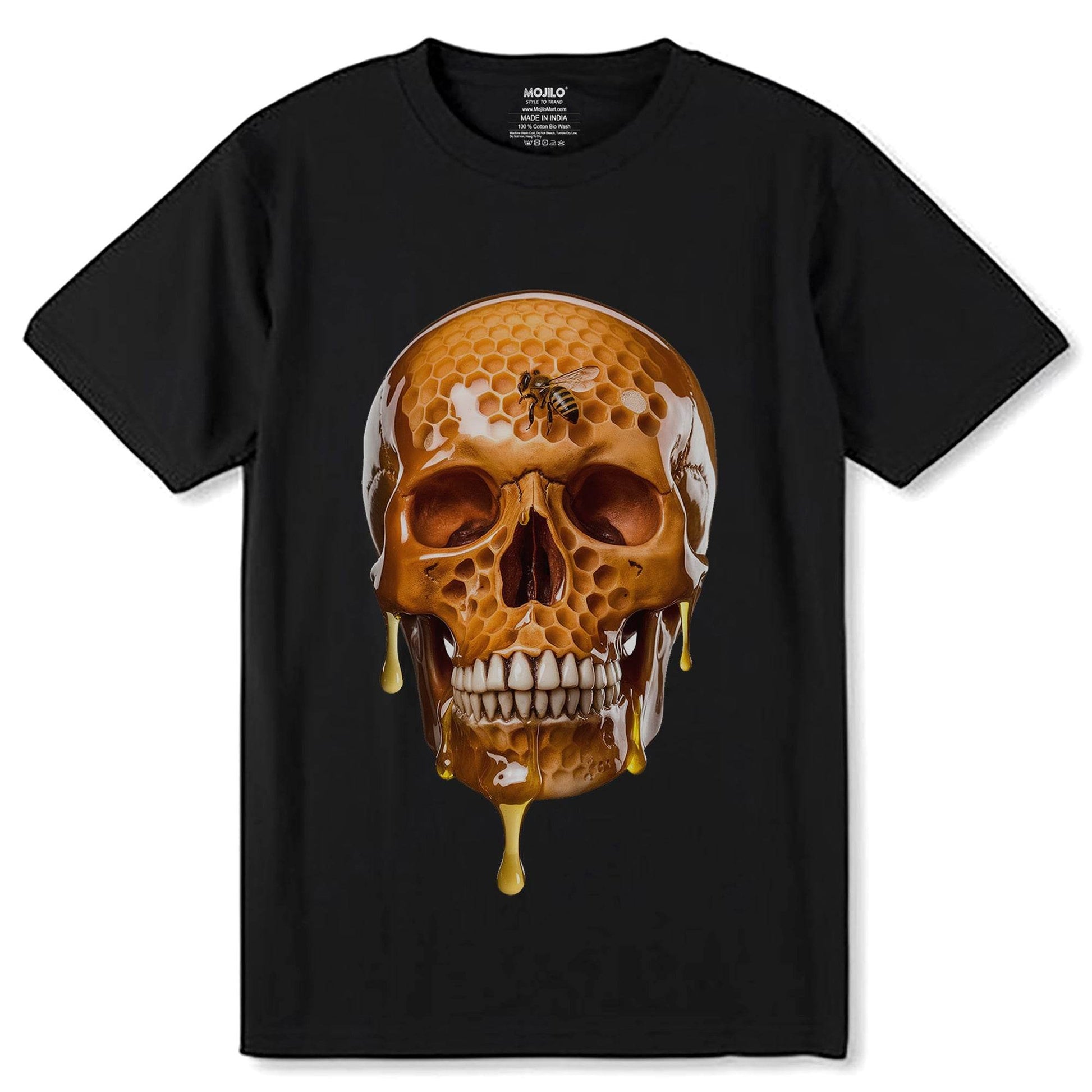 Bee Life Skull Honeycomb Haven Bumblebee Bees Lover - Unisex Round Neck Regular Fit 100% Combed Cotton Half Sleeve T-Shirt - Mojilo Mart