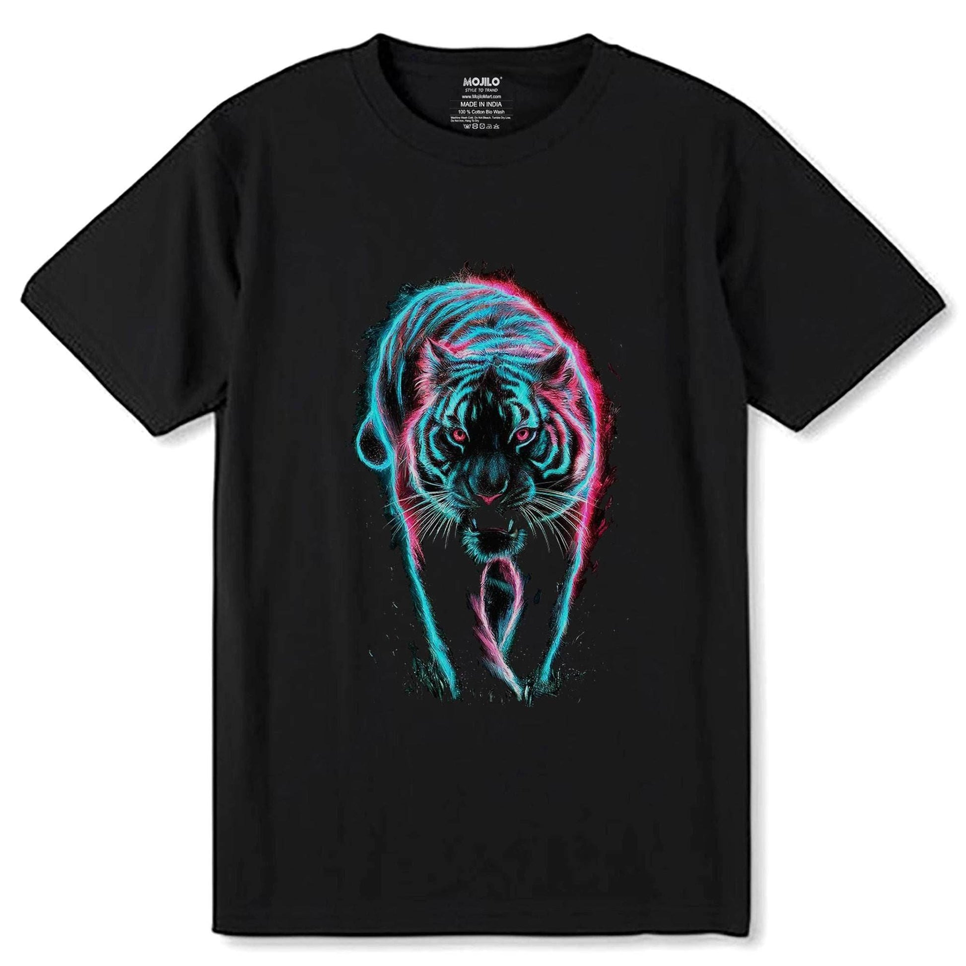 Bengal Tiger With Prowling Pose and Neon Green and Vibrant - Unisex Round Neck Regular Fit 100% Combed Cotton Half Sleeve T-Shirt - Mojilo Mart