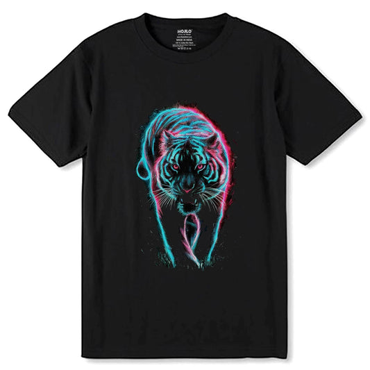 Bengal Tiger With Prowling Pose and Neon Green and Vibrant - Unisex Round Neck Regular Fit 100% Combed Cotton Half Sleeve T-Shirt - Mojilo Mart