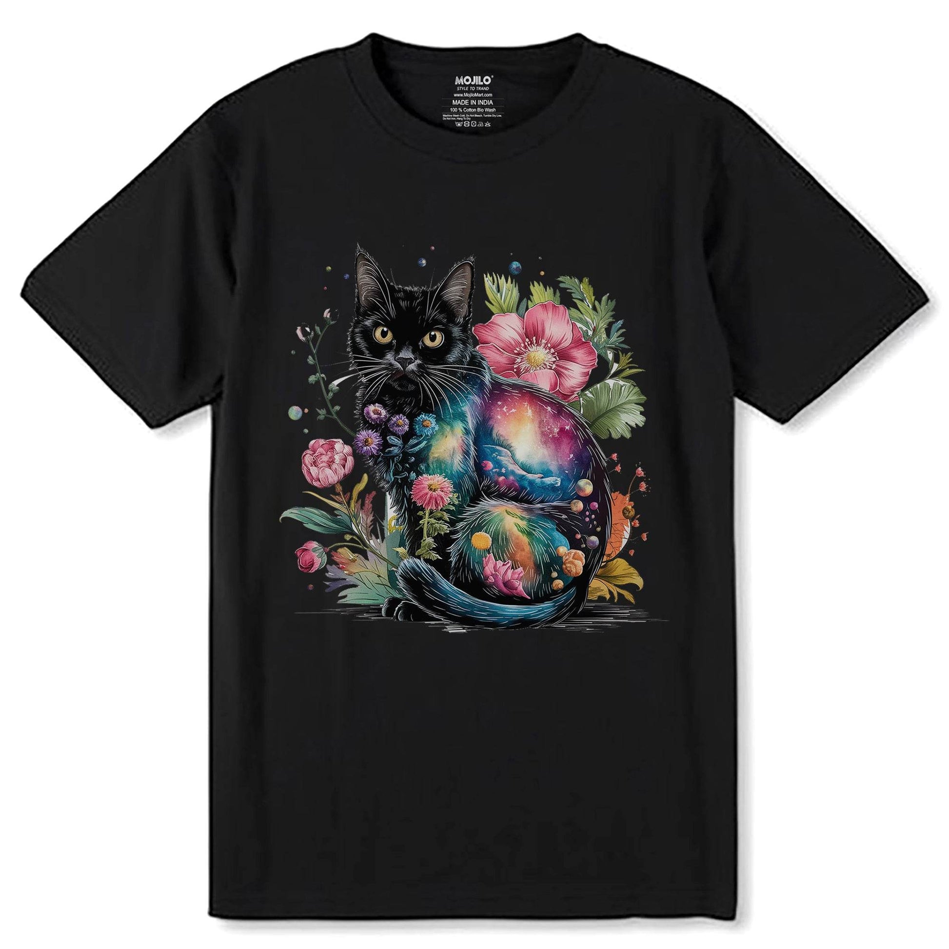 Black Cat Sitting On Top Of A Rainbow Colored Flower - Unisex Round Neck Regular Fit 100% Combed Cotton Half Sleeve T-Shirt - Mojilo Mart