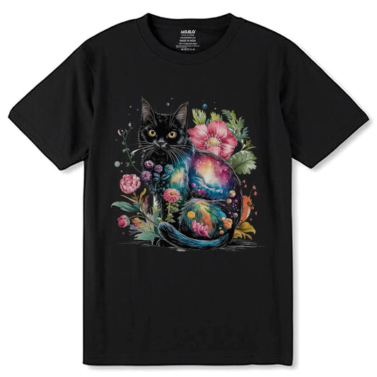 Black Cat Sitting On Top Of A Rainbow Colored Flower - Unisex Round Neck Regular Fit 100% Combed Cotton Half Sleeve T-Shirt - Mojilo Mart