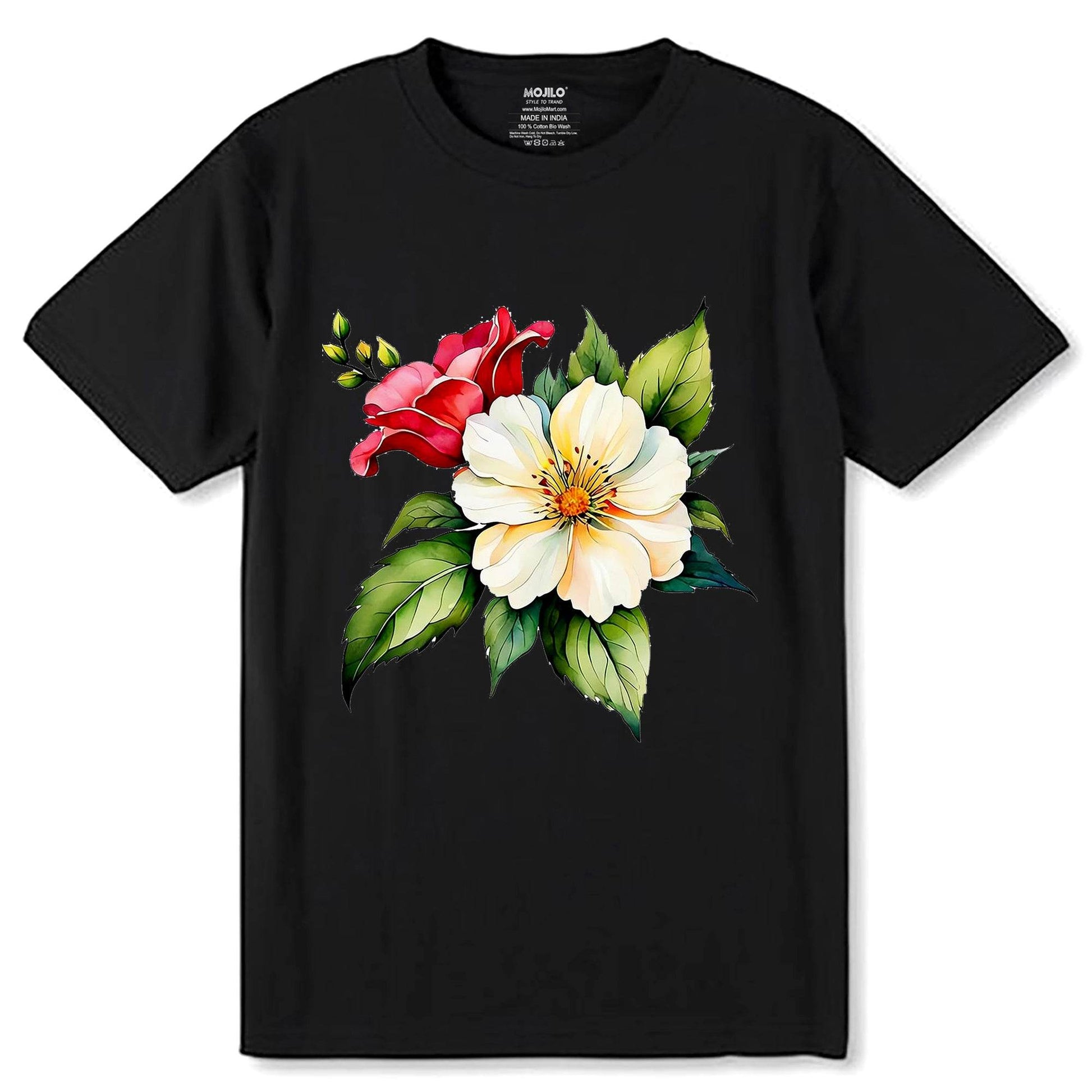 Blossom Roses - Unisex Round Neck Regular Fit 100% Combed Cotton Half Sleeve T-Shirt - Mojilo Mart