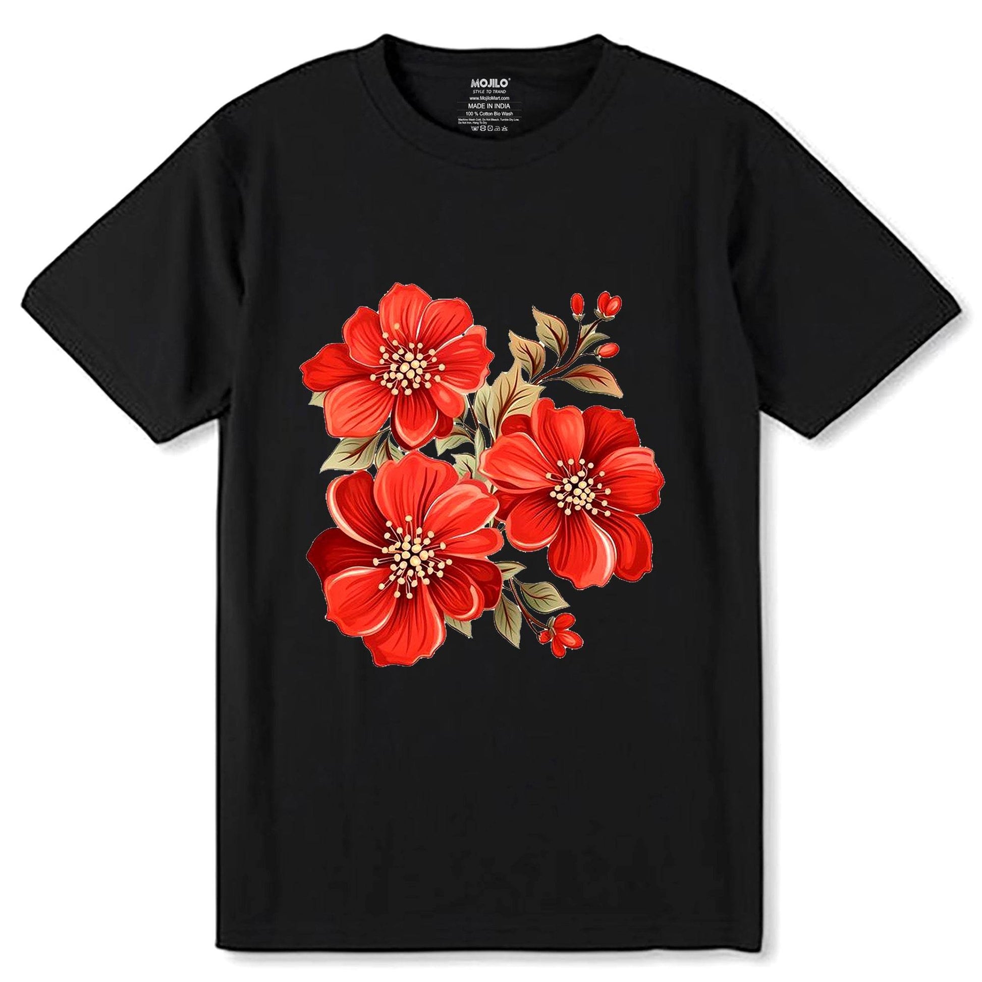 Bold Floral Print - Unisex Round Neck Regular Fit 100% Combed Cotton Half Sleeve T-Shirt - Mojilo Mart