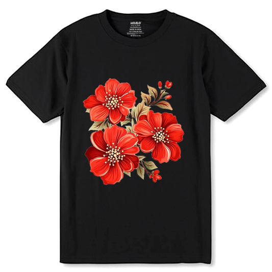Bold Floral Print - Unisex Round Neck Regular Fit 100% Combed Cotton Half Sleeve T-Shirt - Mojilo Mart